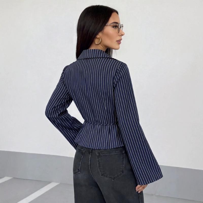 Women S Long Sleeve Striped V Neck Shirt With Belted Waist Flared Sleeves