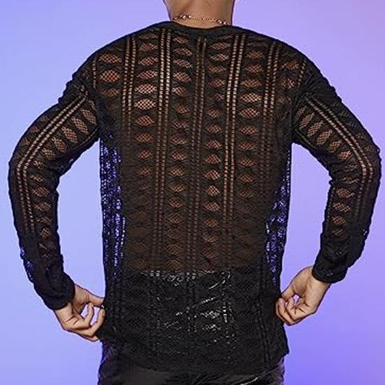 Men Club Shirt See-through Hollow Out Fishnet Deep V Neck Long Sleeve Solid Color Thin Pullover Soft Streetwear Slim Fit