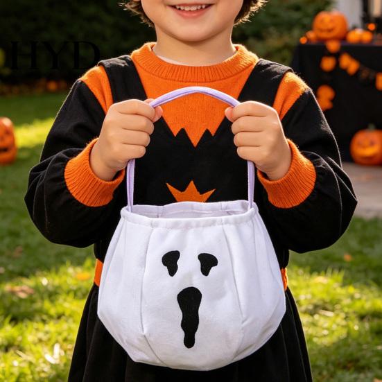 Halloween Candy Holder Cute Treat or Trick Bag with Handle for Kids, Reusable Non Bucket Woven Goodie Bag, Soft Handbag Basket Party Favors