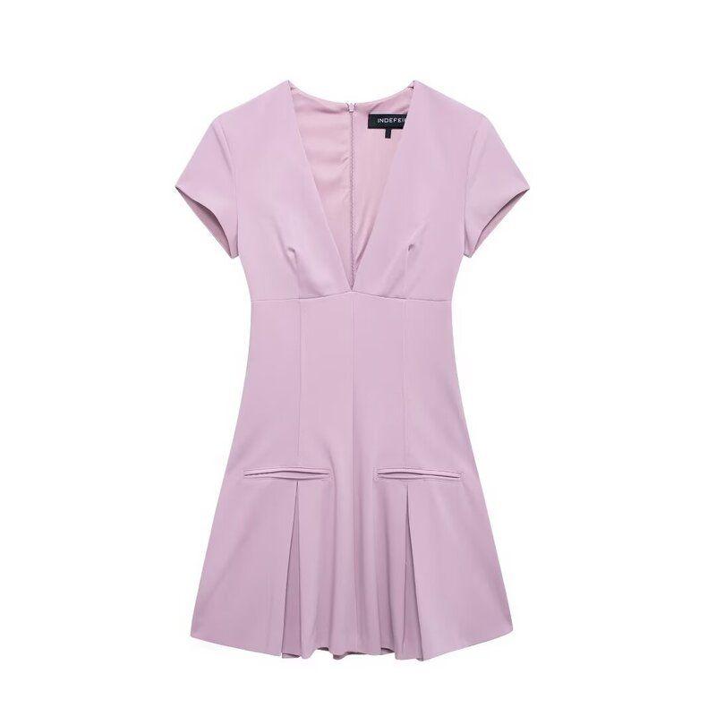Fashion Style 2024 Fall and Winter New Women's Clothing Stylish Wide Pleated V Neck Short Sleeve Short Dress 4764264