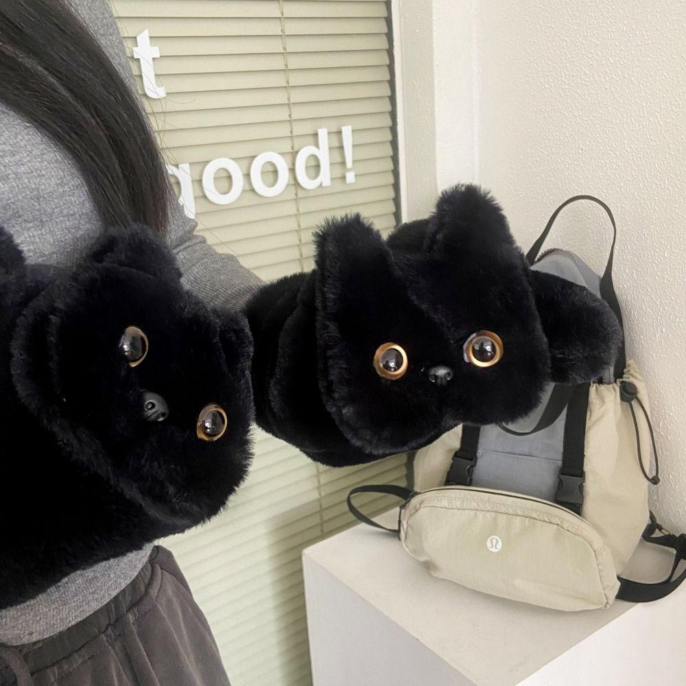 Cartoon Black Cat Fur Gloves Cute Cat Halter Gloves Soft Kitty Mitten  Riding