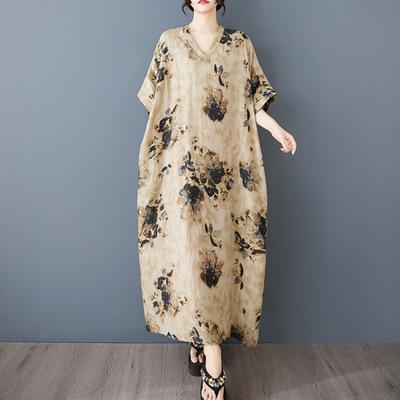 Летнее новое цветное ретро длинное платье с V-образным вырезом и цветочным принтом женское винтажное платье