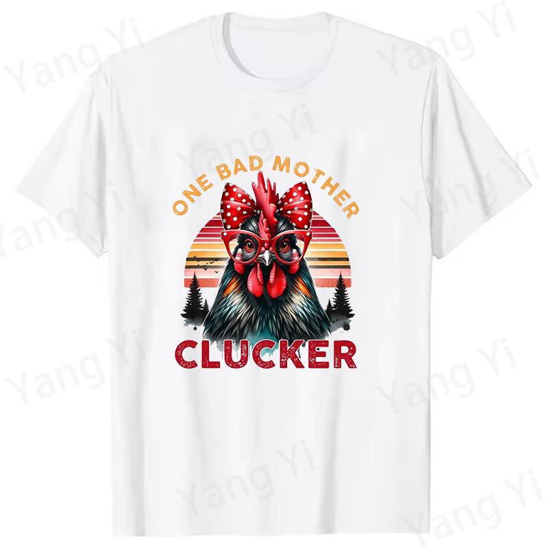 One Bad Mother Clucker T Shirt UnisexWomens Cartoon Hen Pattern with Polka Dot Bow Glasses Shirt Casual Streetwear Fashion Tees
