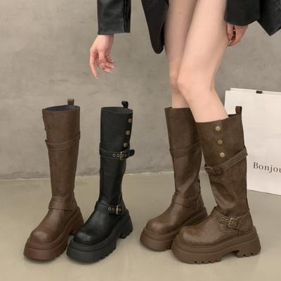 Панк Стиль Платформа Женские Сапоги до Колена Мода Увеличение Роста Ремень с Пряжкой Обувь Женские Ботильоны Рыцарские Ботинки