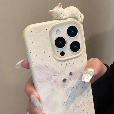 Чехол для мобильного телефона Apple 17 с кошачьим принтом в горошек и бантом для женщин для IPhone 16 PROMAX Милый 15 Противоударный