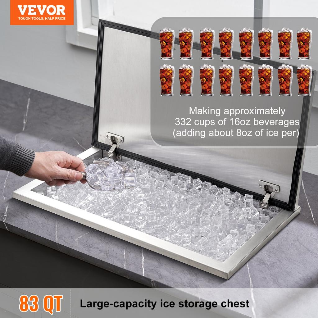 VEVOR Drop in Ice Chest, 24"L x 20"W x 15"H Stainless Steel Ice Cooler, Commercial Ice Bin with Hinged Cover