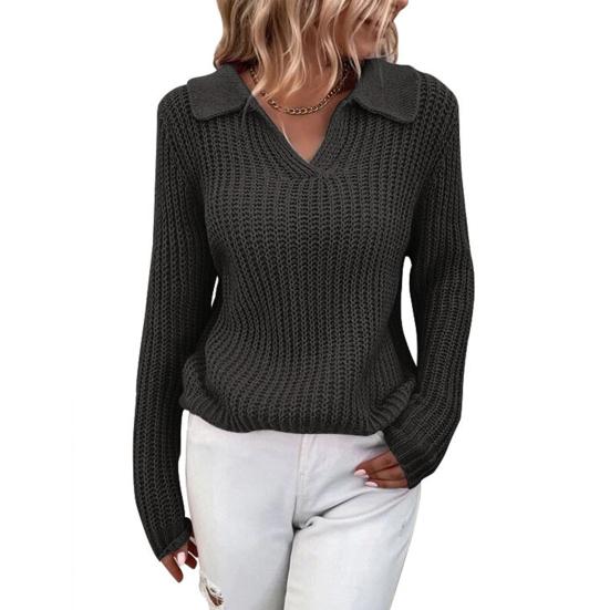 V Neck Turn-Down Collar Long Sleeve Knitted Sweater Autumn Winter Solid Color Slim Sweater Jumper Female Clothing