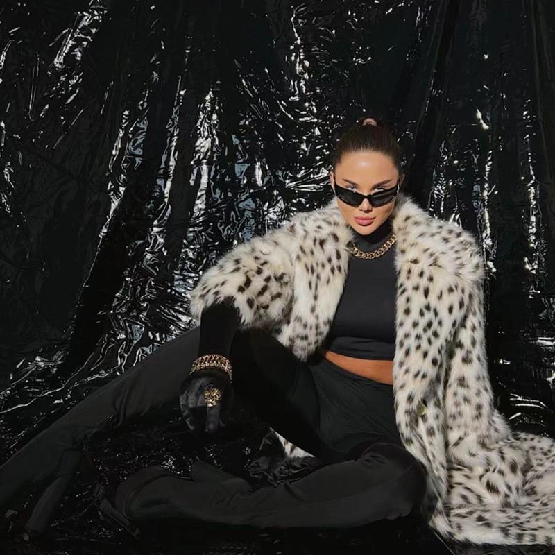 Womens Mid-Length Faux Fur Coat With Leopard Print Notched Lapel Detachable Fox Trim Elegant Casual Outerwear