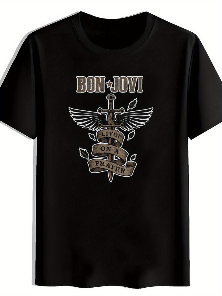 Vintage Rock Band Graphic T-shirt - Black Short Sleeve Round Neck Casual Summer Tee with Bon Jovi "You Give Love a Bad Name" Print
