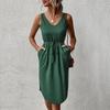 Женское летнее шикарное платье без рукавов сплошного цвета с V-образным вырезом на шнуровке