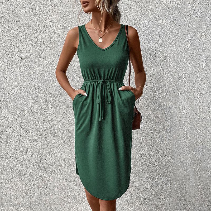 Женское летнее шикарное платье без рукавов сплошного цвета с V-образным вырезом на шнуровке