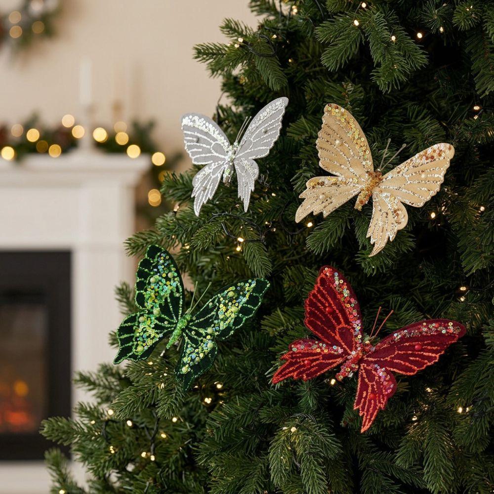3D Glitter Xmas Butterfly Hanging Decor Clip-On Pearl Christmas Butterfly Gift Wrapping