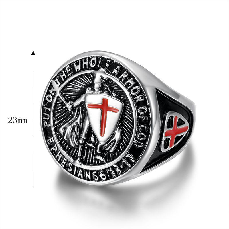 European-American Hip-Hop Men's Gold-Plated Titanium Ring with Vintage Templar Red Cross Shield