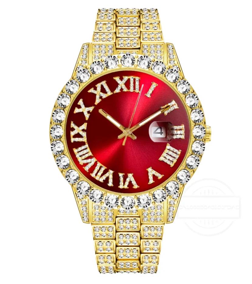 1/2 шт. Браслет для часов в стиле хип-хоп из нержавеющей стали золотого цвета, часы с календарем для мужчин, инкрустированные стразами, мужские часы Reloj Hombre