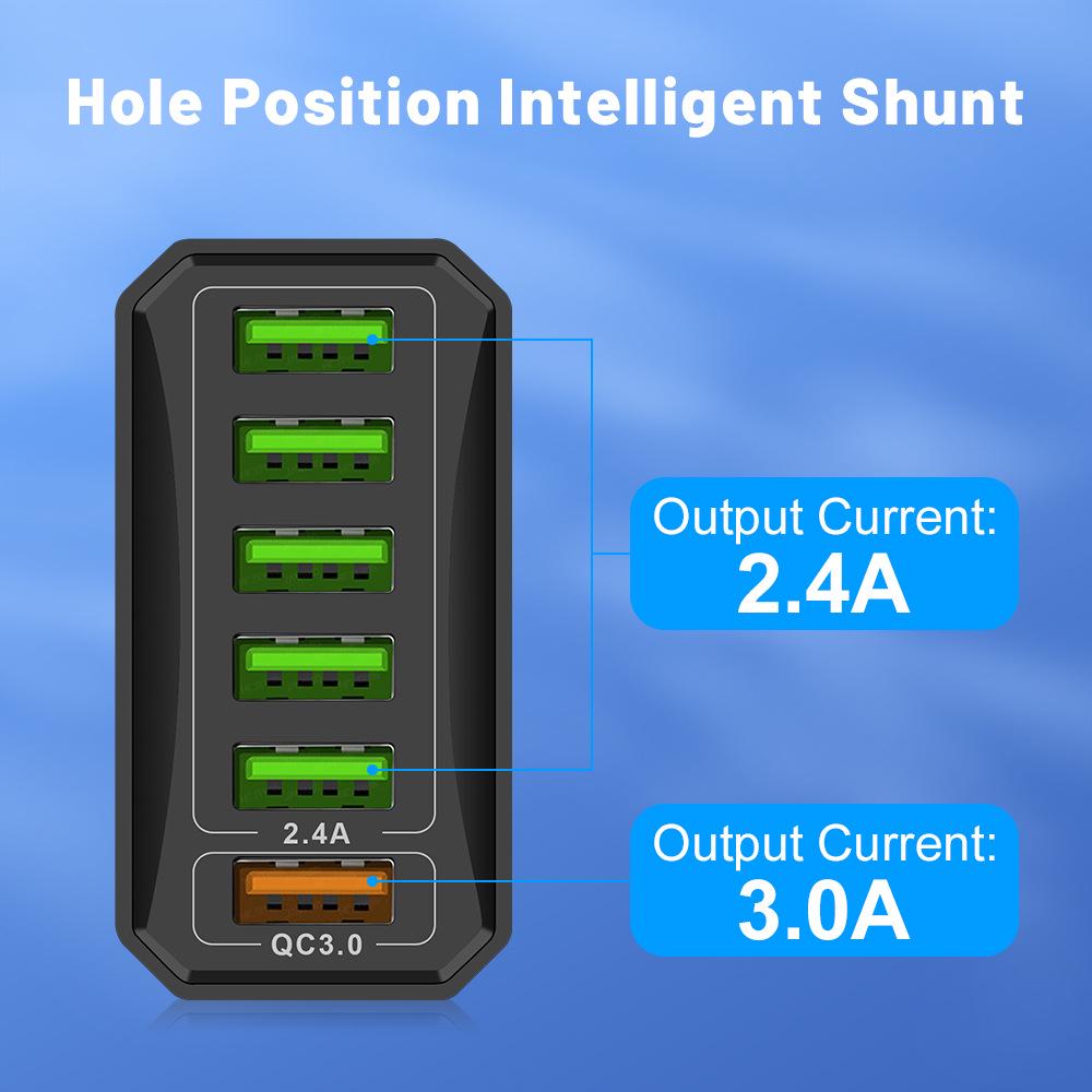 6-портовое быстрое зарядное устройство QC3.0 30 Вт с вилками EU, US, UK, Korea
