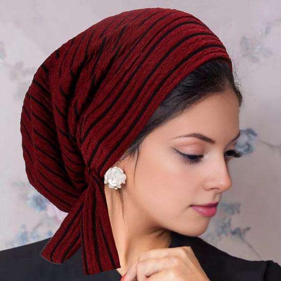 Women Headscarf Hat Striped Print Lace-up Turban Hat Hair Loss Chemotherapy Headwear Full Coverage Head Wrap