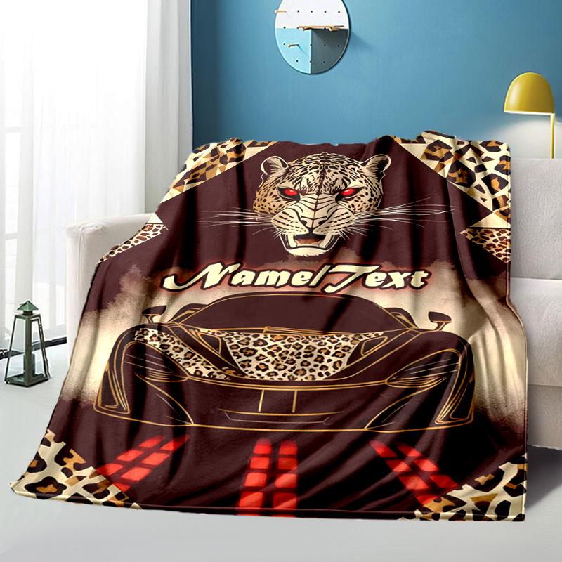 1PC Custom Name Leopard Sports Car outdooor Flannel blankets Throw Blanket All-Season Throw Gift Bedspread for Couch, Bed, Camping Holiday Birthday gi