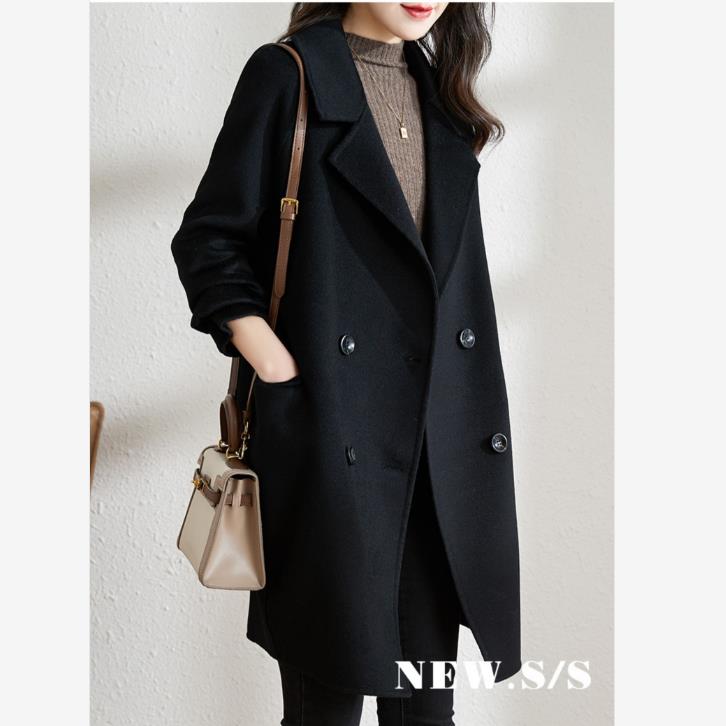 Женское серое пальто из смесовой шерсти, двубортное, средней длины, зимне-осенняя мода, теплая верхняя одежда