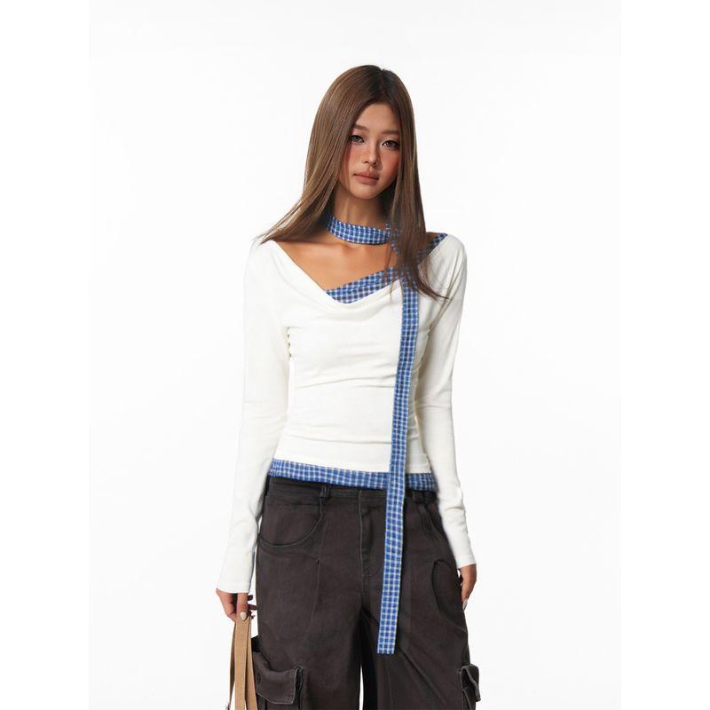 Shiyiyue Design-Inspired Plaid Patchwork Swing-Neck Long-Sleeve Women's Autumn Pure and Sexy Lace-Up Slim-Fit Base Shirt