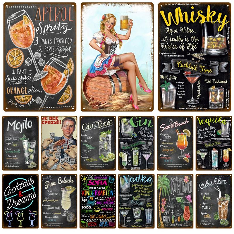 Cocktail Tin Sign Plaque Metal Sign Plate Vintage Posters Wall Art Decoration For Bar Pub Club Man Cave Iron Painting Home Decor
