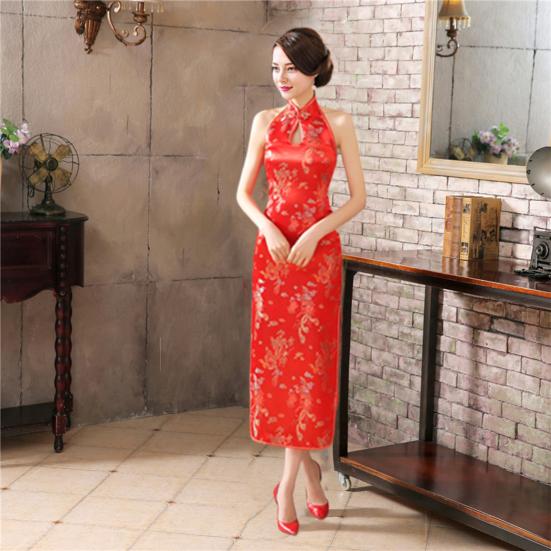 Women Summer Cheongsam Stand Collar Printing Off Shoulder Backless Split Hem Hollow Out Sleeveless Qipao Slim Fit Retro