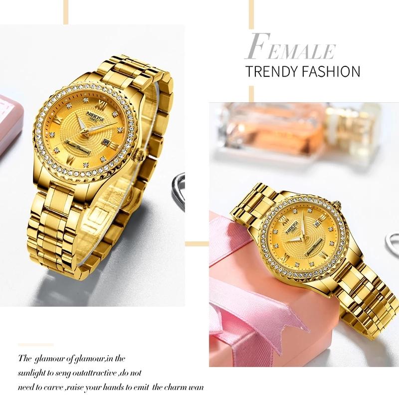 NIBOSI Fashion Womens Watches Top Brand Luxury Stainless Steel Gold Quartz Watch Women Waterproof Date Watch Relogio Feminino