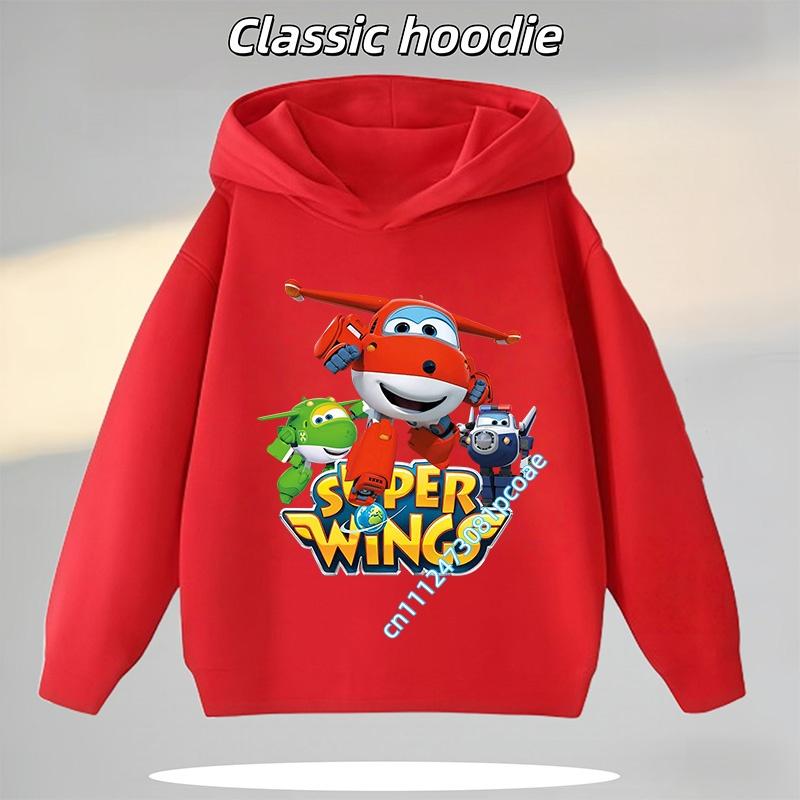 Super Wings Boys' Sports Shirt, Girls' Casual Top, Children's Hooded Sweatshirt, Cartoon Print, Autumn/Winter Long-Sleeve