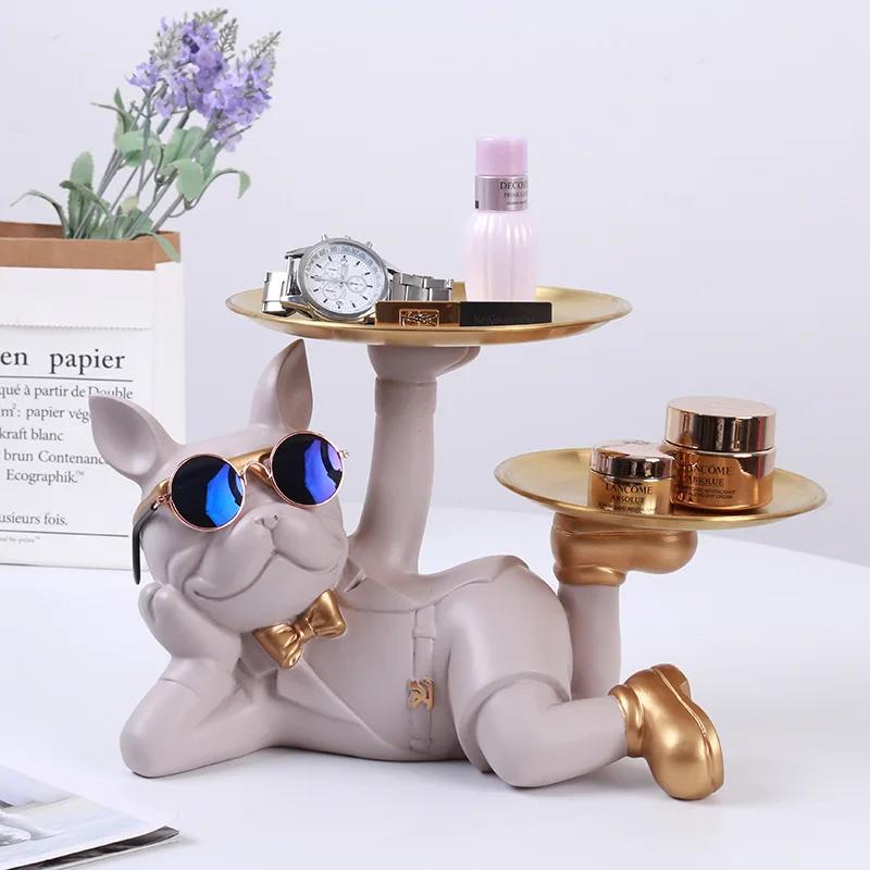Home Decor Bulldog Desktop Storage Statue Animal Sculpture Dining Table Decor Multi Functional Office Home Decoration Tray Decor