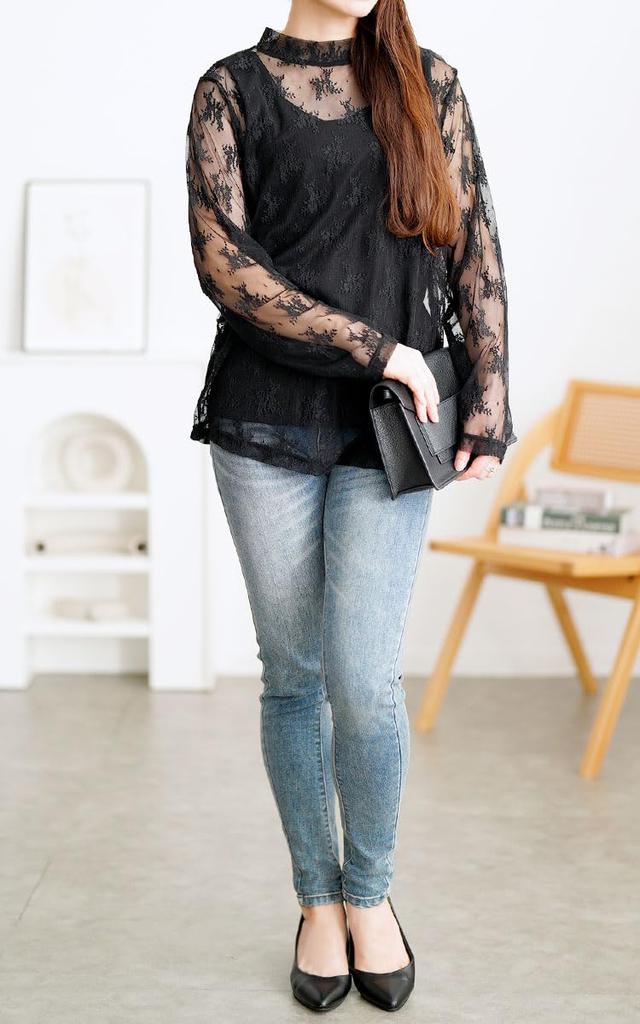 Gold Japan Plus Size Long Floral High Size Black Women's Top, Sleeve, Lace, Print, Tulle, Sheer, Neck, Stretchy, Winter, Spring, Fall, Cpdai-659594,