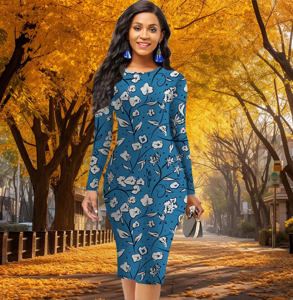 Long Sleeve Waist Tight Office Slim Fit Creative Kapok Flower Printing Elegant Bodycon Dress