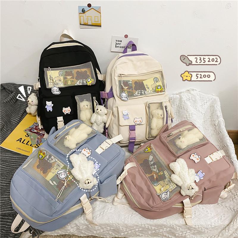 Buckle Badge School Backpack Candy Color Fashion Cute Schoolbag Shoulder Student Bag Teenage Girls College Backpack