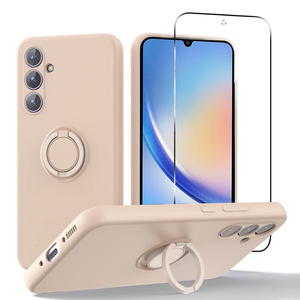 For Samsung Galaxy A34 5G Liquid Silicone Case Kickstand Phone Cover with 2.5D Arc Edge Tempered Glass Screen Film