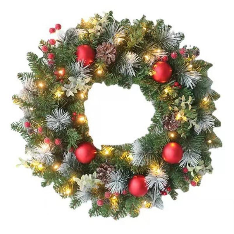 Christmas Wreath With PVC Red Berries PE Leaves Natural Pinecones Door Window Decor