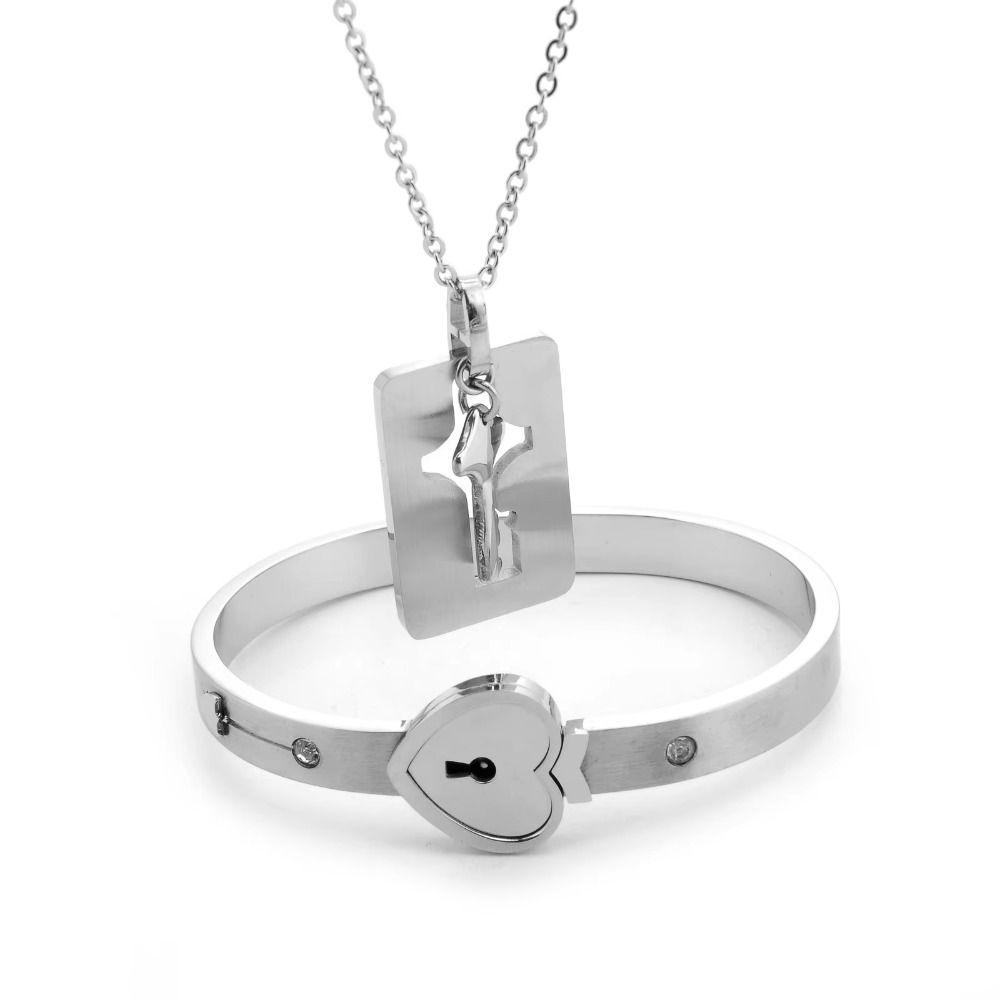 Stainless Steel Heart Lock Bracelets Gold Silver Key Pendant Necklace Jewelry Gift