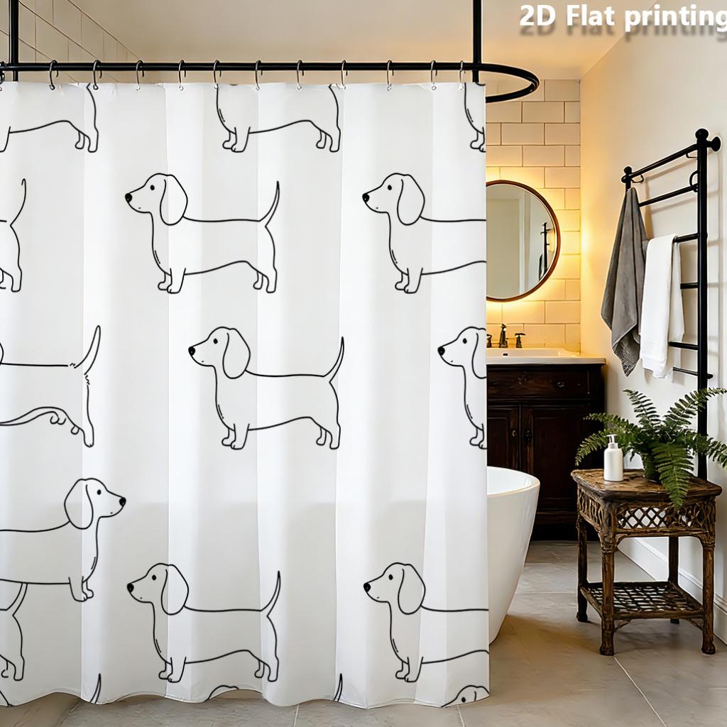 Шторка для душа с таксой 1 шт. Полиэстер 2D Плоская печать 70,8X70,8" Черный линейный рисунок на белом фоне Верх с люверсами