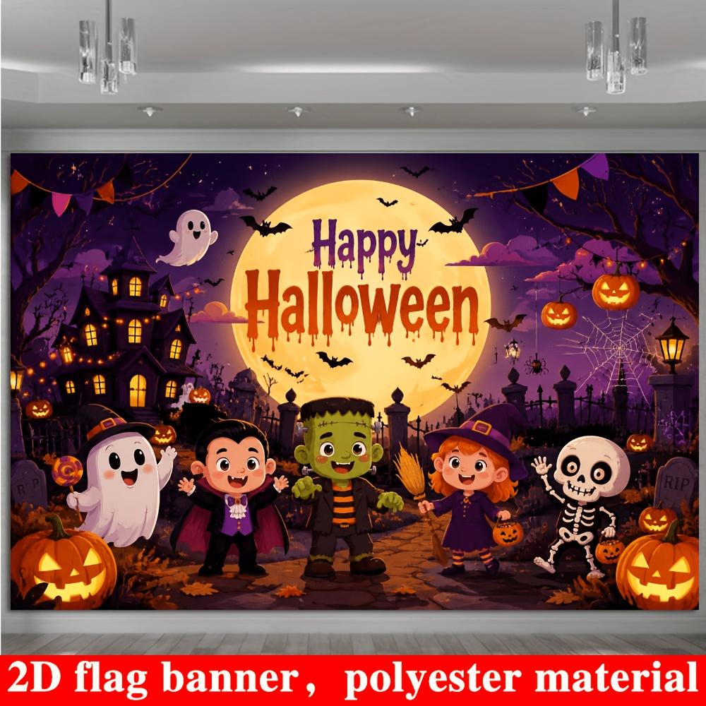 Halloween Theme Banner Backdrop, Full Moon Ghost Pumpkin Dark Castle Bat Cartoon, Polyester, No Power, Party Photo Wall Decor