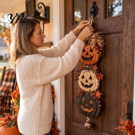 Holiday Gift for Fall Season Halloween Stacked Pumpkin Door Hanger, Vintage Jack?O?Lantern Wall Hanging Ornament, Indoor Outdoor Rustic