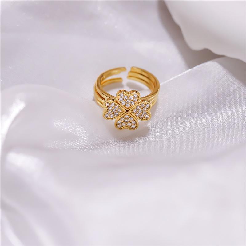 Lucky Four-Leaf Flower Micro-Set Zirconia Ring Women Flowers Fashion Ring Opening Adjustable Four-Leaf Clover Ring