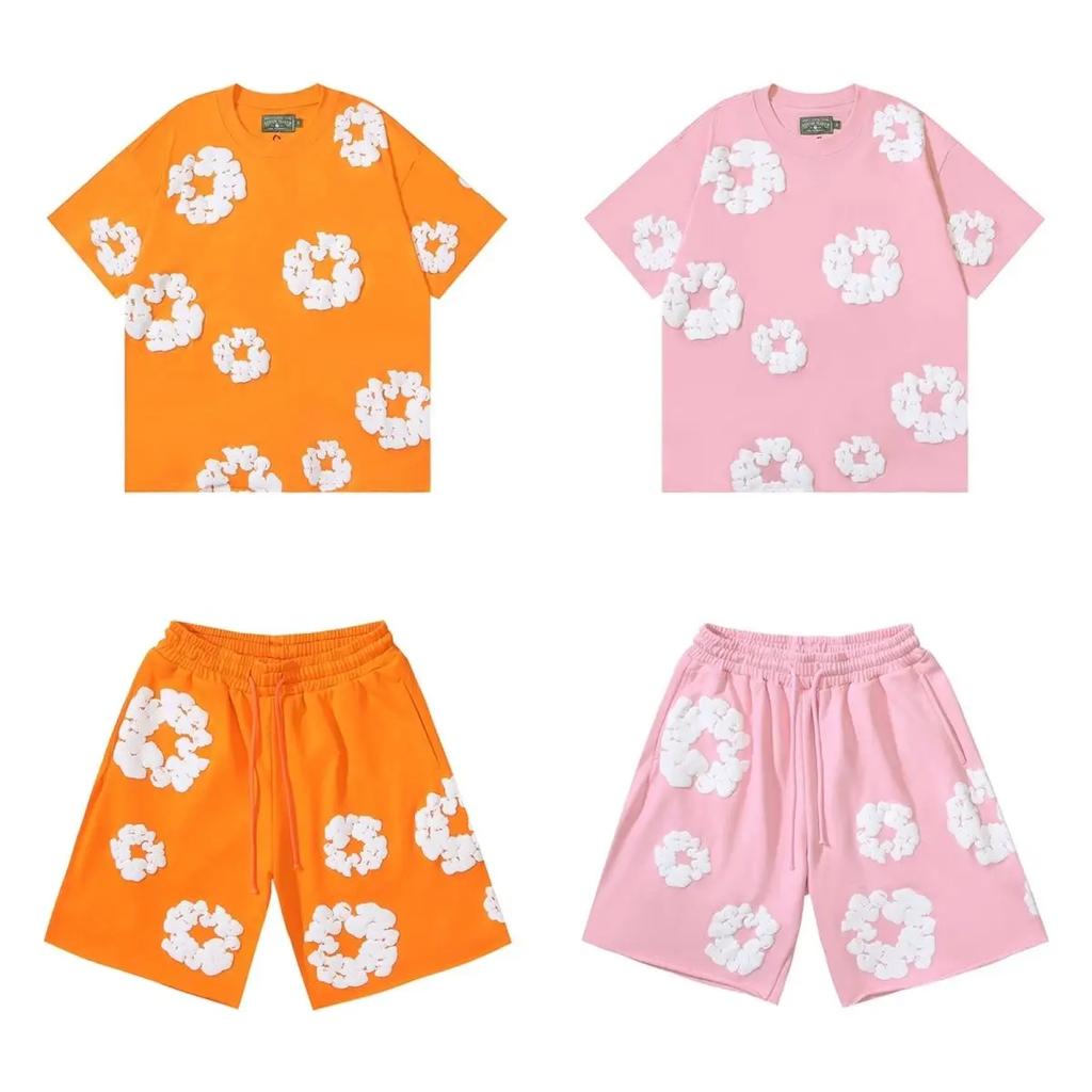 Chic Unisex Two-Piece Running Clothing Tracksuit Set 3D Kapok Foam Printing Flower Pattern Couples Short Sleeved T-shirt Shorts Set