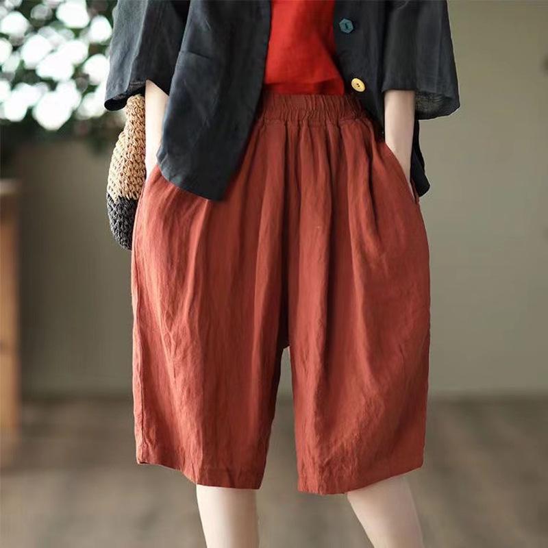 Женские шорты из хлопка и льна с высокой посадкой - Летние повседневные однотонные широкие шорты до колена