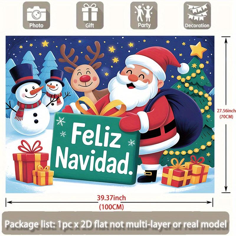1 piece of Spanish Merry Christmas Feliz Navidad banner - Santa Claus, Snowman - Green and Red holiday decorations