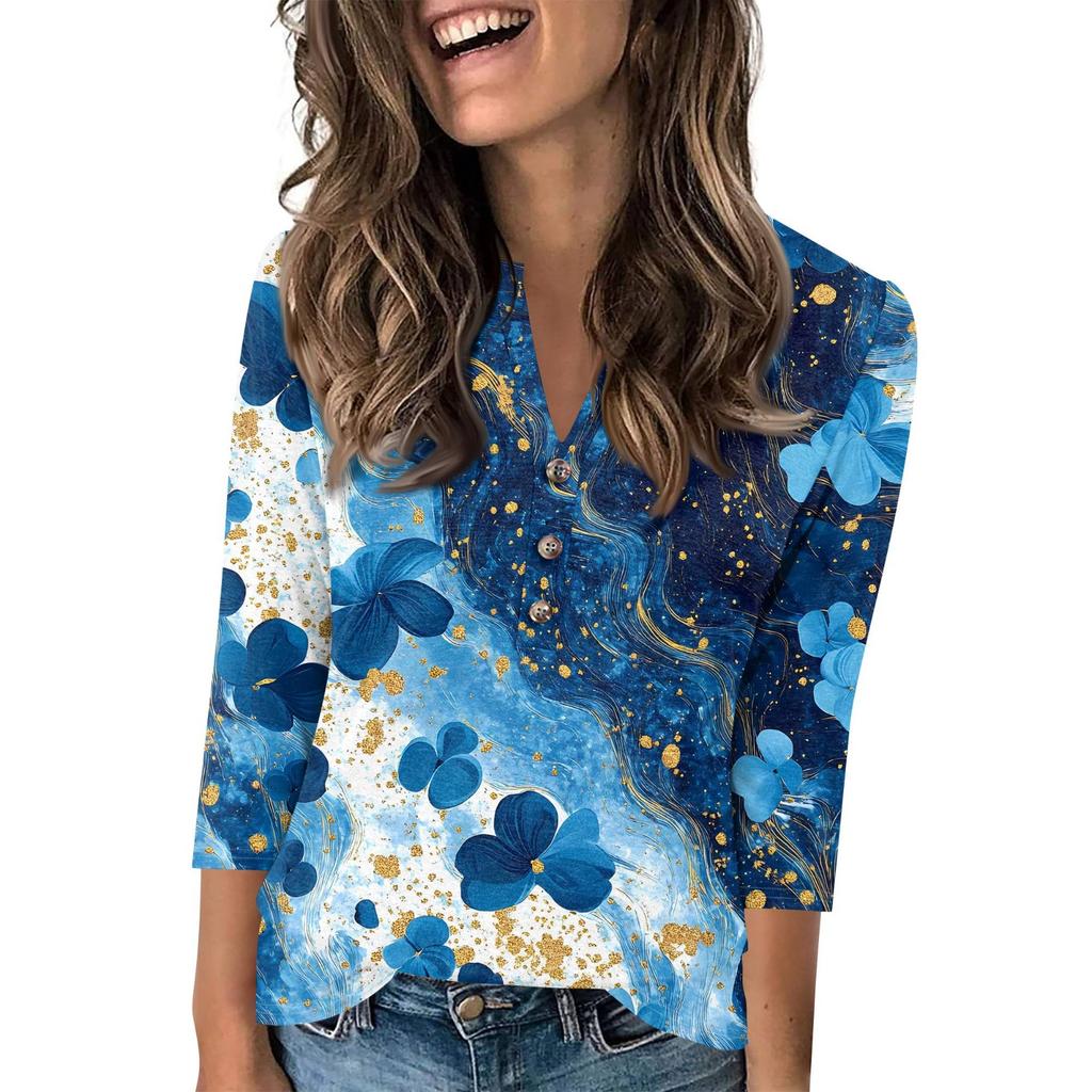 Женский модный повседневный пуловер с рукавом 3/4, принтом на пуговицах и V-образным вырезом