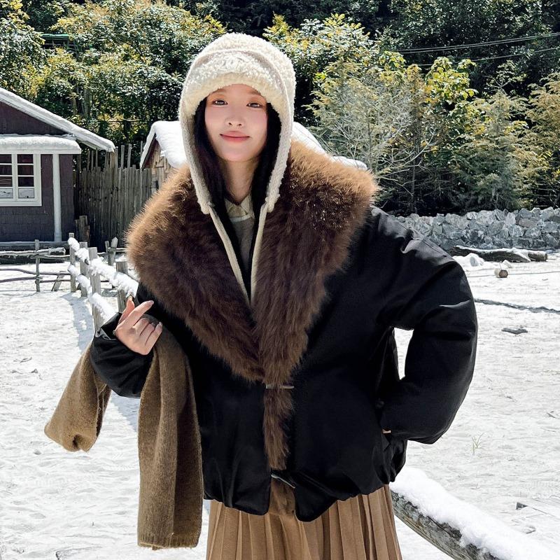 Women Thick Fur Collar Workwear Padded Parka Long Sleeve Winter Coat