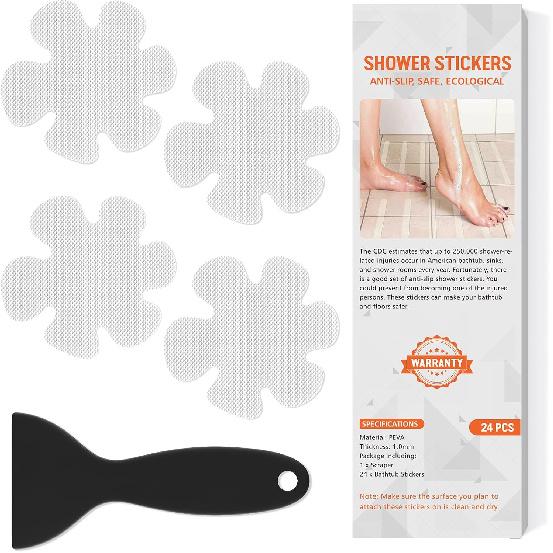 Non Slip Bathtub Stickers, 24 PCS Shower Stickers for Safety Bathroom Tubs, Bathtub Non Slip Stickers and Adhesive Decals Scraper for Bath Tub,