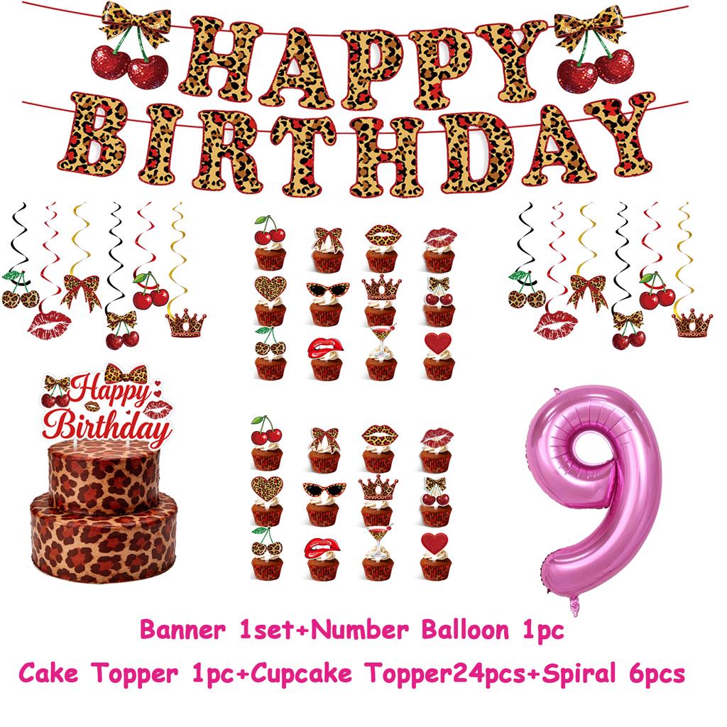 Pink Cherry Leopard Theme Birthday Party Decoration Plate Cup Balloon Banner Sexy Women Girls Shiny Photography Background Gifts