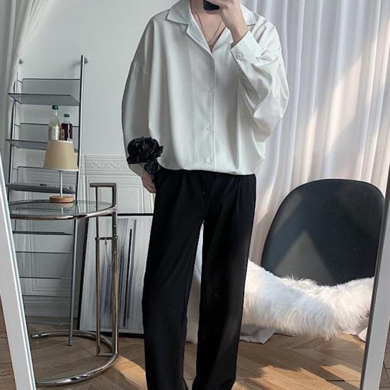 Мужская рубашка с кубинским воротником, длинный рукав, на пуговицах, повседневная рубашка свободного кроя, однотонная рубашка для работы, вечеринок, свиданий