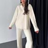 Women's Fashion Casual Spring Autumn Solid Color Print Long Sleeve POLO Neck Trousers Pants Suits