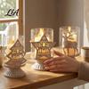 Glass Metal Candle Lamp 2Pcs Christmas Hollow Holder, Vintage Tabletop Tealight Lantern, Xmas Seasonal Atmosphere Light Elk, Tree, Star & Heart