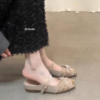 Полутапочки с квадратным металлическим носком и плоским каблуком. Весенние и летние тапочки с мягкой подошвой. Туфли Мэри Джейн. Одиночные туфли.