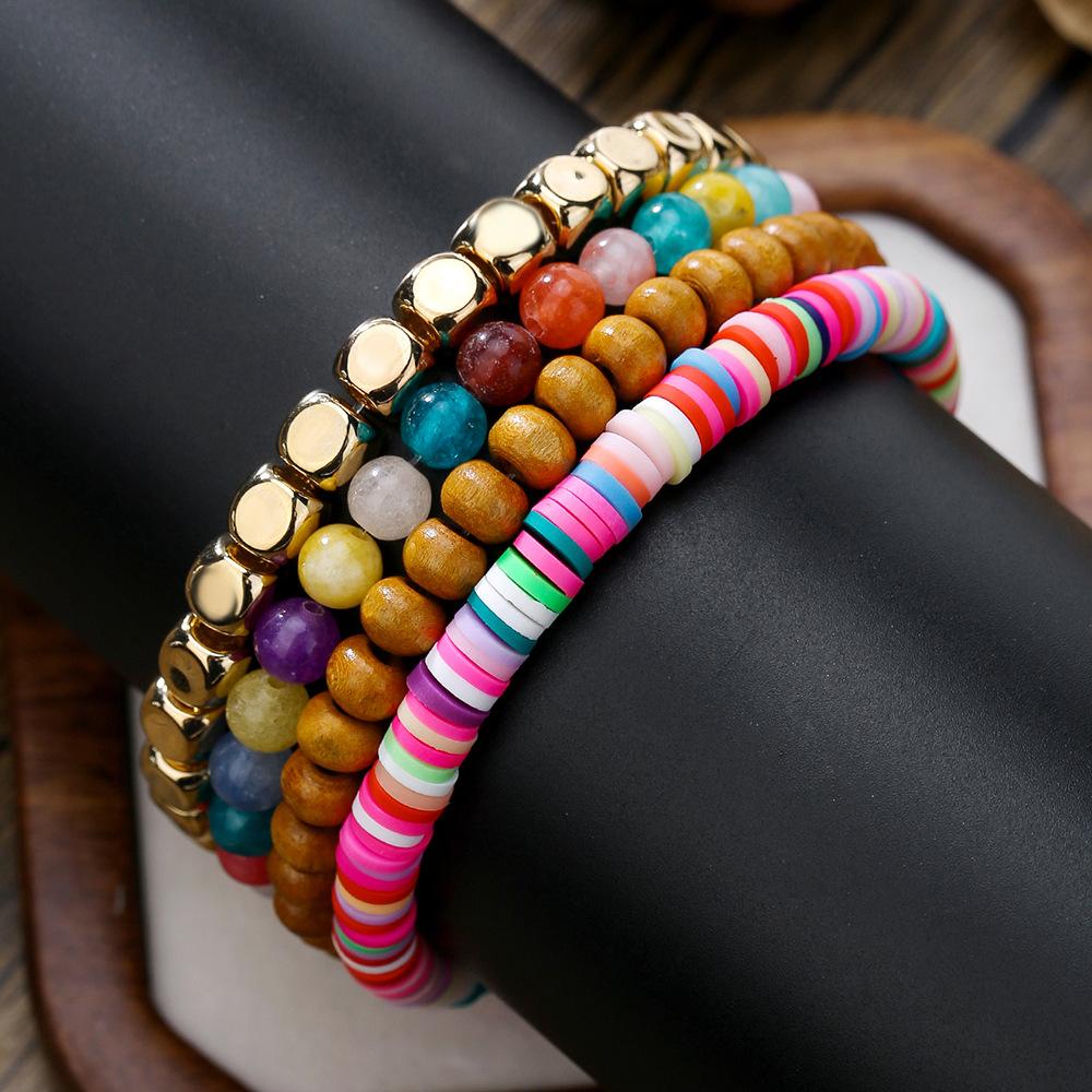 Браслет Набор браслетов с микроинкрустацией цирконами в виде кубиков, Популярный эластичный браслет из черного галтовки, Сила парня.